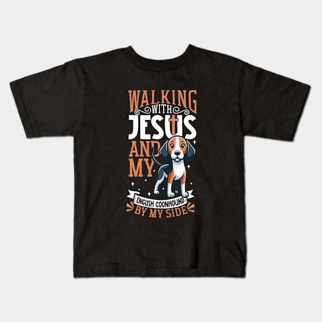 Jesus and dog - American English Coonhound Kids T-Shirt by Modern Medieval Design